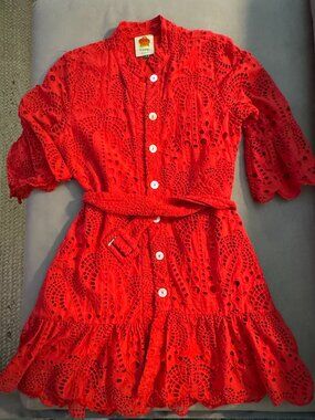 Farm Rio Red Palm Mini Eyelet Lace Dress